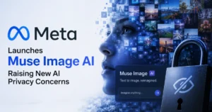 Meta Muse Image AI launch illustration highlighting AI-generated images, user privacy concerns, and data security risks with Meta branding and a digital face.