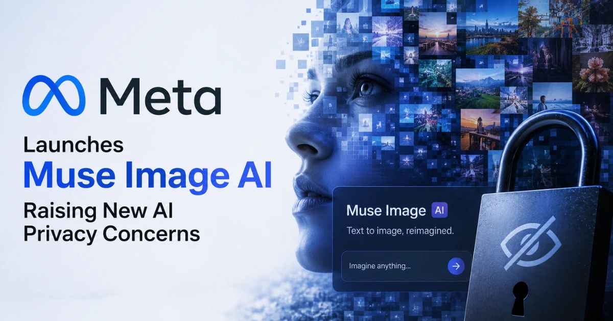 Meta Muse Image AI launch illustration highlighting AI-generated images, user privacy concerns, and data security risks with Meta branding and a digital face.