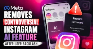 "Illustration showing Meta removing a controversial Instagram AI image generation feature after widespread user backlash, with Instagram branding, AI interface, and warning icon."