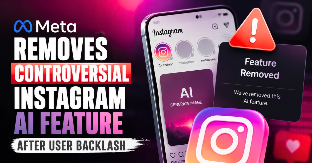 "Illustration showing Meta removing a controversial Instagram AI image generation feature after widespread user backlash, with Instagram branding, AI interface, and warning icon."