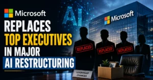 Microsoft AI restructuring illustration showing executive silhouettes, AI graphics, and Microsoft headquarters representing leadership changes in the company's AI-focused reorganization.