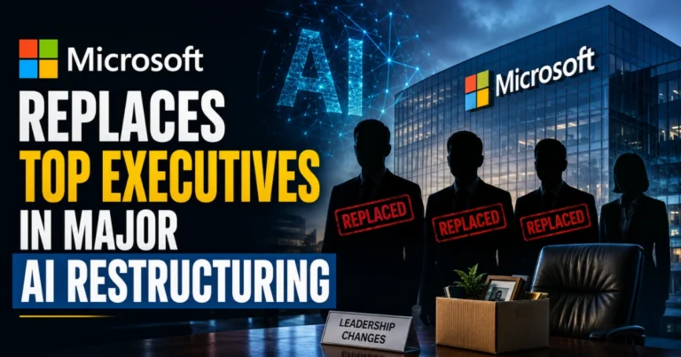 Microsoft AI restructuring illustration showing executive silhouettes, AI graphics, and Microsoft headquarters representing leadership changes in the company's AI-focused reorganization.