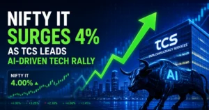 "Feature image showing Nifty IT rising 4% with a bullish stock market chart, TCS headquarters, and AI-themed graphics representing an AI-driven rally in India's technology sector."