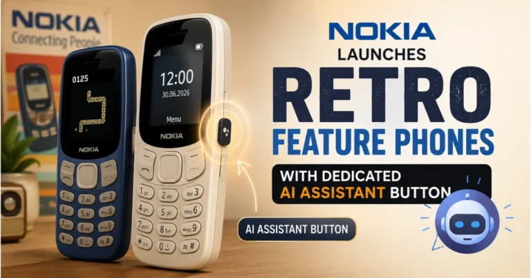 Nokia retro feature phones displayed with a highlighted AI assistant button, illustrating Nokia's launch of classic-style phones with built-in AI features.