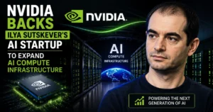 Illustration of Ilya Sutskever alongside NVIDIA-inspired AI chips and a modern data center, symbolizing NVIDIA's investment in an AI startup to expand compute infrastructure for next-generation artificial intelligence.