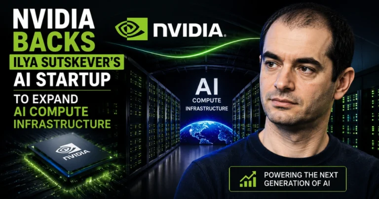 Illustration of Ilya Sutskever alongside NVIDIA-inspired AI chips and a modern data center, symbolizing NVIDIA's investment in an AI startup to expand compute infrastructure for next-generation artificial intelligence.