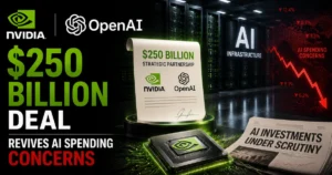 Illustration of NVIDIA and OpenAI logos with an AI chip, data center servers, a $250 billion investment agreement, and falling market charts, symbolizing renewed concerns over AI spending following Nvidia's major OpenAI infrastructure deal.