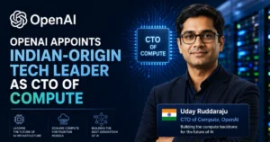 Feature image announcing OpenAI's appointment of an Indian-origin technology leader as CTO of Compute, featuring AI infrastructure, data center servers, and advanced computing technology.
