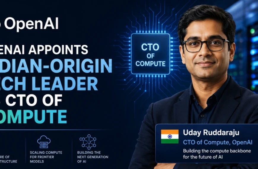 Feature image announcing OpenAI's appointment of an Indian-origin technology leader as CTO of Compute, featuring AI infrastructure, data center servers, and advanced computing technology.