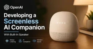 OpenAI screenless AI companion device with built-in speaker concept displayed as a modern smart speaker for AI voice assistant technology.