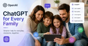 "Illustration of a family using ChatGPT on a tablet at home, highlighting OpenAI's expansion of AI features for family collaboration, learning, planning, and everyday household tasks."