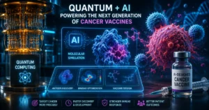 Futuristic illustration of a quantum computer, AI-powered molecular analysis, and cancer cells alongside a vaccine vial, representing how quantum computing could help artificial intelligence design more effective cancer vaccines.