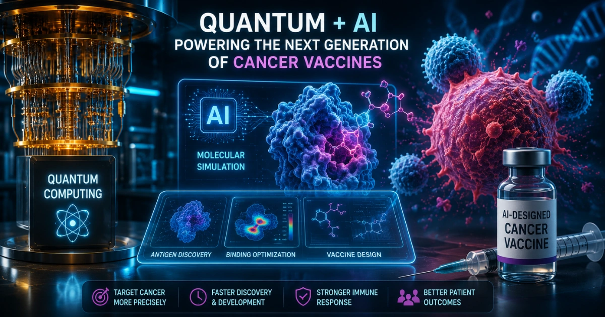 Futuristic illustration of a quantum computer, AI-powered molecular analysis, and cancer cells alongside a vaccine vial, representing how quantum computing could help artificial intelligence design more effective cancer vaccines.