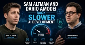 Side-by-side illustration of Sam Altman and Dario Amodei with AI safety graphics, highlighting their support for slower and more responsible artificial intelligence development.