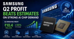 Illustration of Samsung AI memory chips with rising financial charts and a corporate backdrop, representing stronger-than-expected Q2 profits driven by growing AI chip demand.