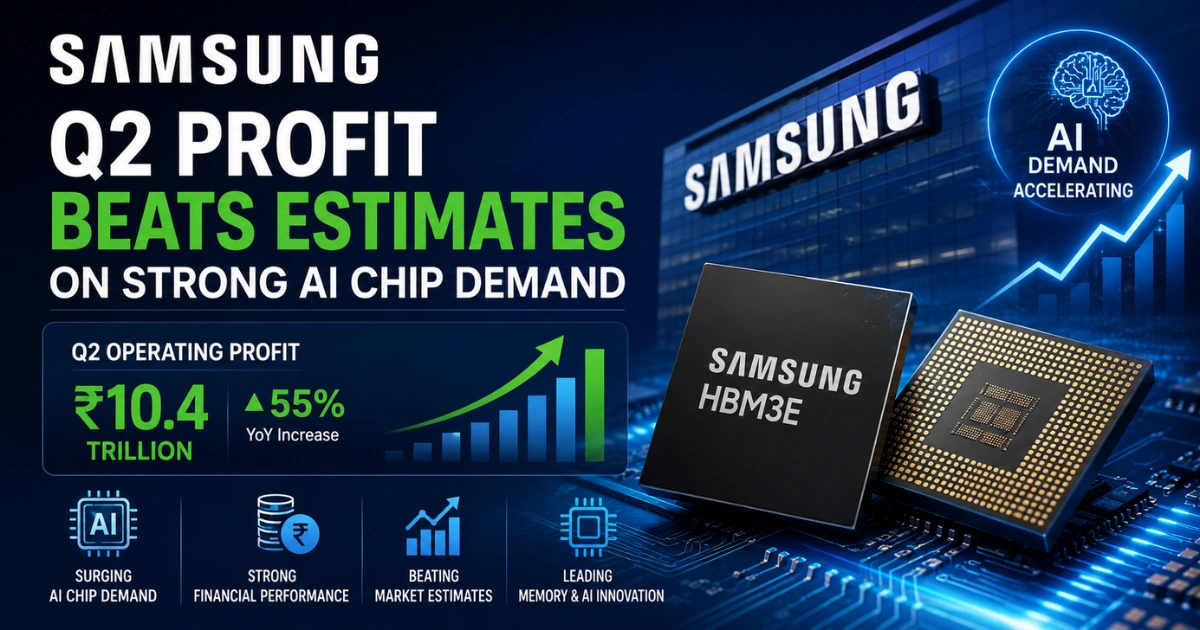 Illustration of Samsung AI memory chips with rising financial charts and a corporate backdrop, representing stronger-than-expected Q2 profits driven by growing AI chip demand.