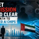 Feature image depicting a secret CIA mission linked to the UAE's access to advanced AI chips, featuring a classified intelligence theme, UAE flag, futuristic AI processor, and geopolitical technology backdrop.