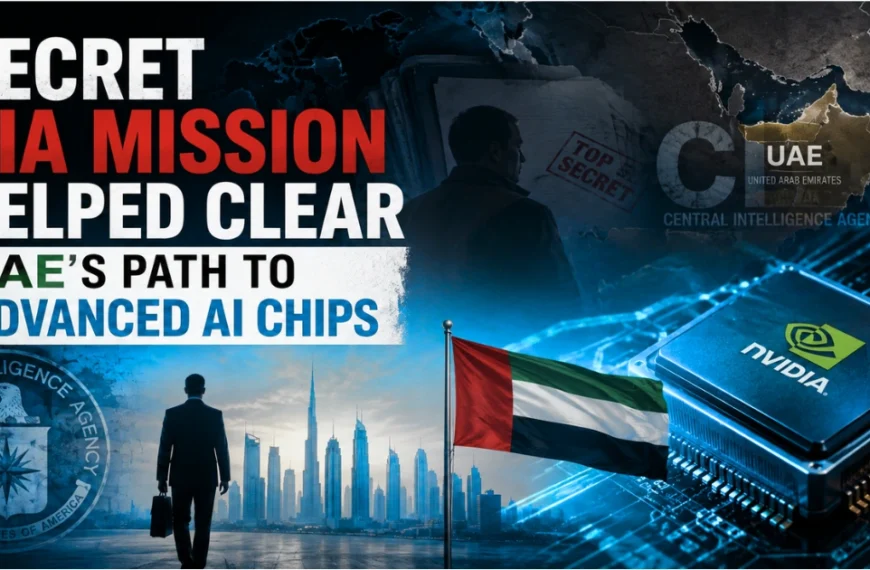 Feature image depicting a secret CIA mission linked to the UAE's access to advanced AI chips, featuring a classified intelligence theme, UAE flag, futuristic AI processor, and geopolitical technology backdrop.