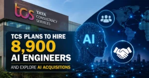 "TCS headquarters with AI graphics, highlighting plans to hire 8,900 AI engineers and pursue AI acquisitions to expand its artificial intelligence capabilities."