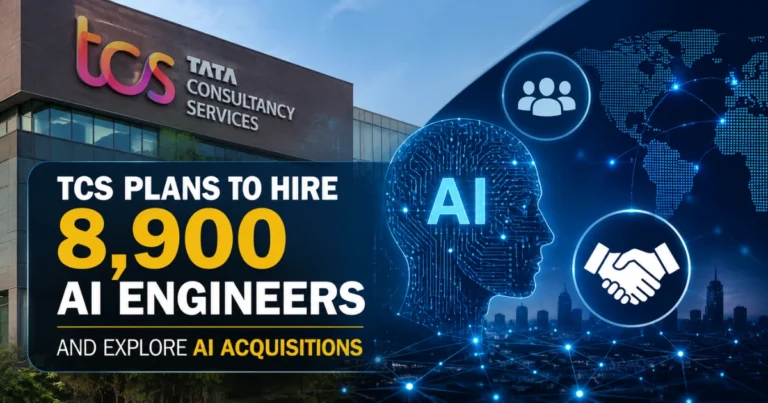 "TCS headquarters with AI graphics, highlighting plans to hire 8,900 AI engineers and pursue AI acquisitions to expand its artificial intelligence capabilities."