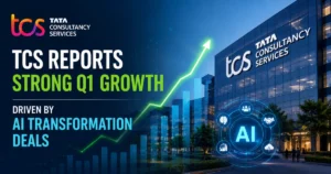 TCS reports strong Q1 growth driven by AI transformation deals, featuring a rising growth chart, AI technology icons, and a modern TCS corporate office building.
