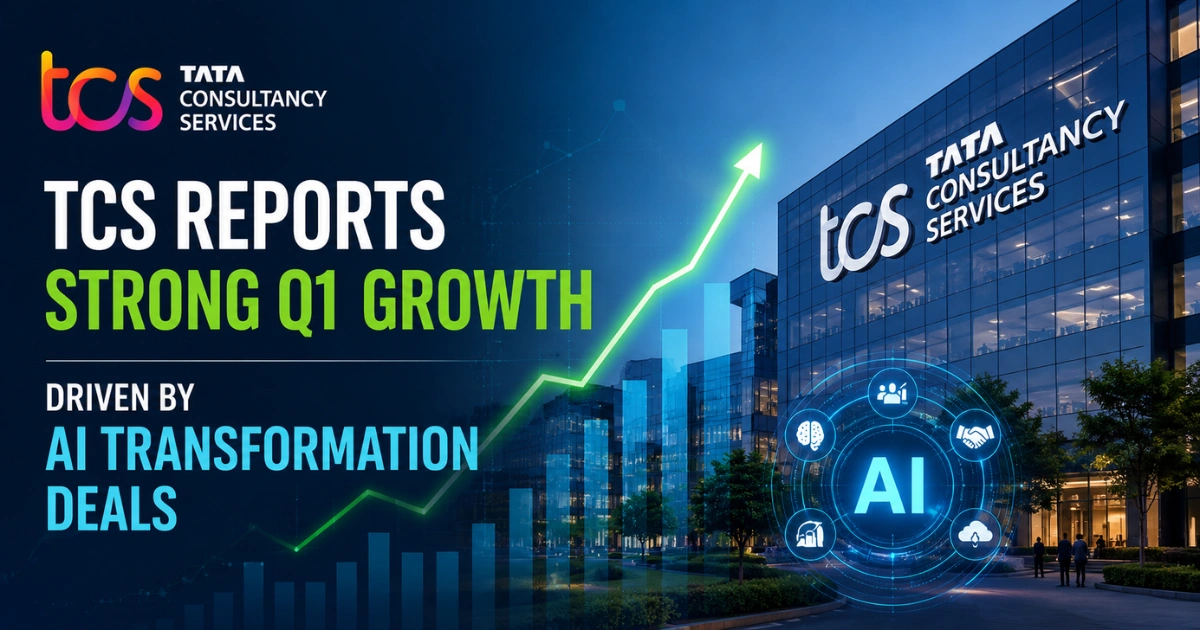 TCS reports strong Q1 growth driven by AI transformation deals, featuring a rising growth chart, AI technology icons, and a modern TCS corporate office building.