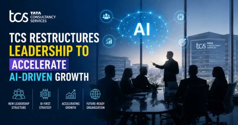 TCS leadership restructuring announcement highlighting AI-driven growth strategy, executive leadership changes, and enterprise digital transformation with AI-focused business expansion.