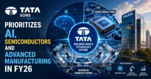 Conceptual illustration of Tata Sons' FY26 strategy highlighting artificial intelligence, semiconductors, and advanced manufacturing with AI graphics, semiconductor chips, robotic factory automation, and a modern corporate headquarters.