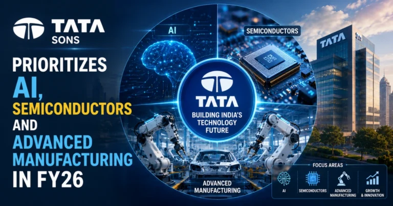 Conceptual illustration of Tata Sons' FY26 strategy highlighting artificial intelligence, semiconductors, and advanced manufacturing with AI graphics, semiconductor chips, robotic factory automation, and a modern corporate headquarters.
