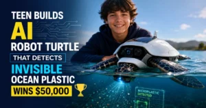 Teen inventor with an AI-powered robotic turtle scanning ocean water to detect invisible microplastics after winning a $50,000 innovation award.