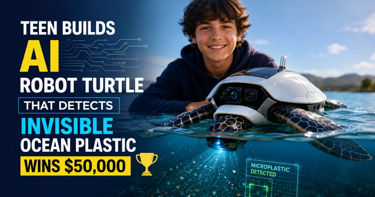 Teen inventor with an AI-powered robotic turtle scanning ocean water to detect invisible microplastics after winning a $50,000 innovation award.