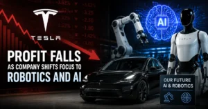 Illustration of Tesla's declining profits alongside its strategic shift toward AI and robotics, featuring a Tesla vehicle, humanoid robot, robotic arm, AI graphics, and falling market chart.