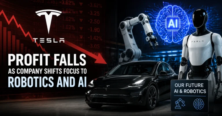 Illustration of Tesla's declining profits alongside its strategic shift toward AI and robotics, featuring a Tesla vehicle, humanoid robot, robotic arm, AI graphics, and falling market chart.