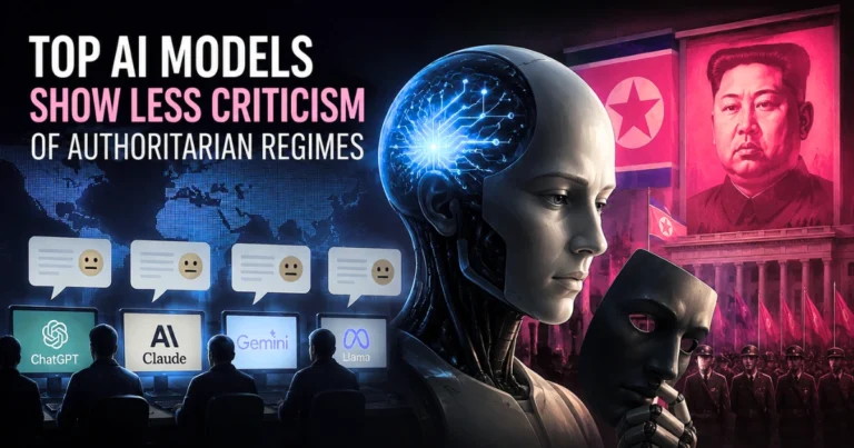 "Feature illustration showing AI models and authoritarian imagery, representing a study that found top AI models show less criticism of authoritarian regimes and politically sensitive governments."