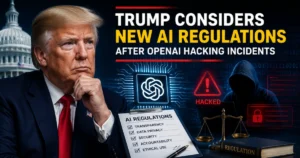 Illustration of Donald Trump alongside AI regulation documents, cybersecurity warnings, and OpenAI hacking visuals, representing proposed new AI regulations following reported AI security incidents.