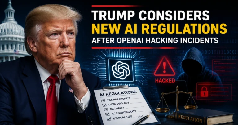 Illustration of Donald Trump alongside AI regulation documents, cybersecurity warnings, and OpenAI hacking visuals, representing proposed new AI regulations following reported AI security incidents.
