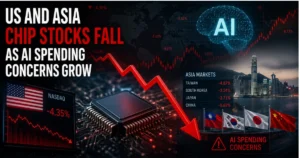 Illustration of a semiconductor chip with falling stock market charts, red downward arrows, AI graphics, and U.S. and Asian market symbols, representing the decline in chip stocks amid growing concerns over AI spending and investment.