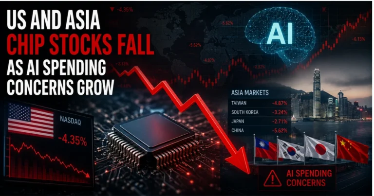 Illustration of a semiconductor chip with falling stock market charts, red downward arrows, AI graphics, and U.S. and Asian market symbols, representing the decline in chip stocks amid growing concerns over AI spending and investment.