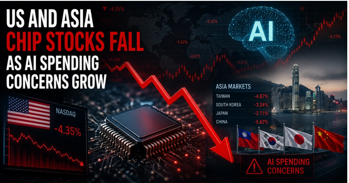 Illustration of a semiconductor chip with falling stock market charts, red downward arrows, AI graphics, and U.S. and Asian market symbols, representing the decline in chip stocks amid growing concerns over AI spending and investment.