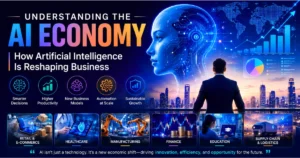 Understanding the AI economy with artificial intelligence reshaping business through automation, smarter decisions, productivity, and growth across industries like healthcare, finance, manufacturing, retail, education, and logistics.