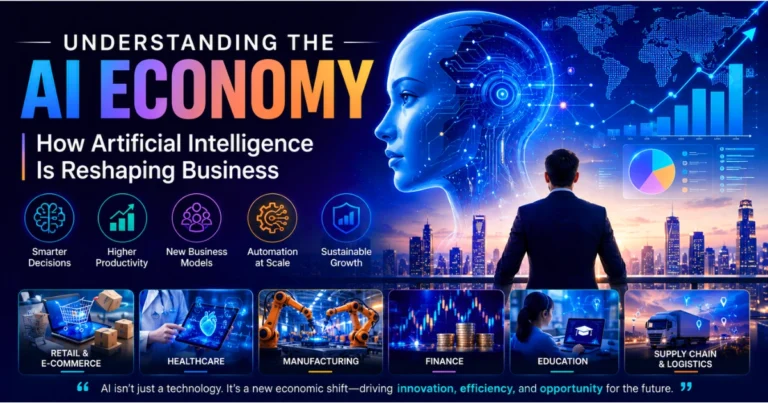 Understanding the AI economy with artificial intelligence reshaping business through automation, smarter decisions, productivity, and growth across industries like healthcare, finance, manufacturing, retail, education, and logistics.