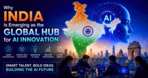 Illustration of India's rise as a global AI innovation hub, featuring a digital map of India, futuristic AI technology, skilled professionals collaborating, and a smart city skyline symbolizing AI-driven growth, innovation, and global leadership.