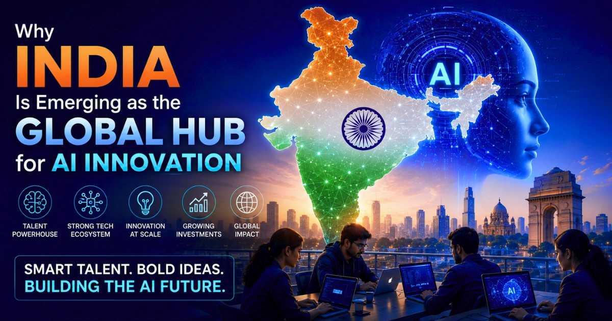 Illustration of India's rise as a global AI innovation hub, featuring a digital map of India, futuristic AI technology, skilled professionals collaborating, and a smart city skyline symbolizing AI-driven growth, innovation, and global leadership.