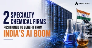 Two specialty chemical firms positioned to benefit from India’s AI boom, shown with AI chips, chemical flasks, data center servers, and the Indian flag.
