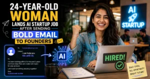 24-year-old woman lands an AI startup job after sending a bold email to the founders, shown working on a laptop with an AI startup background and a “Hired” message.