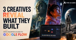 Three creatives showcase AI-generated artwork created with unlimited access to Google Flow.