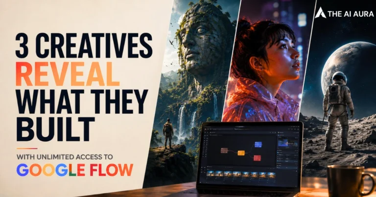 Three creatives showcase AI-generated artwork created with unlimited access to Google Flow.