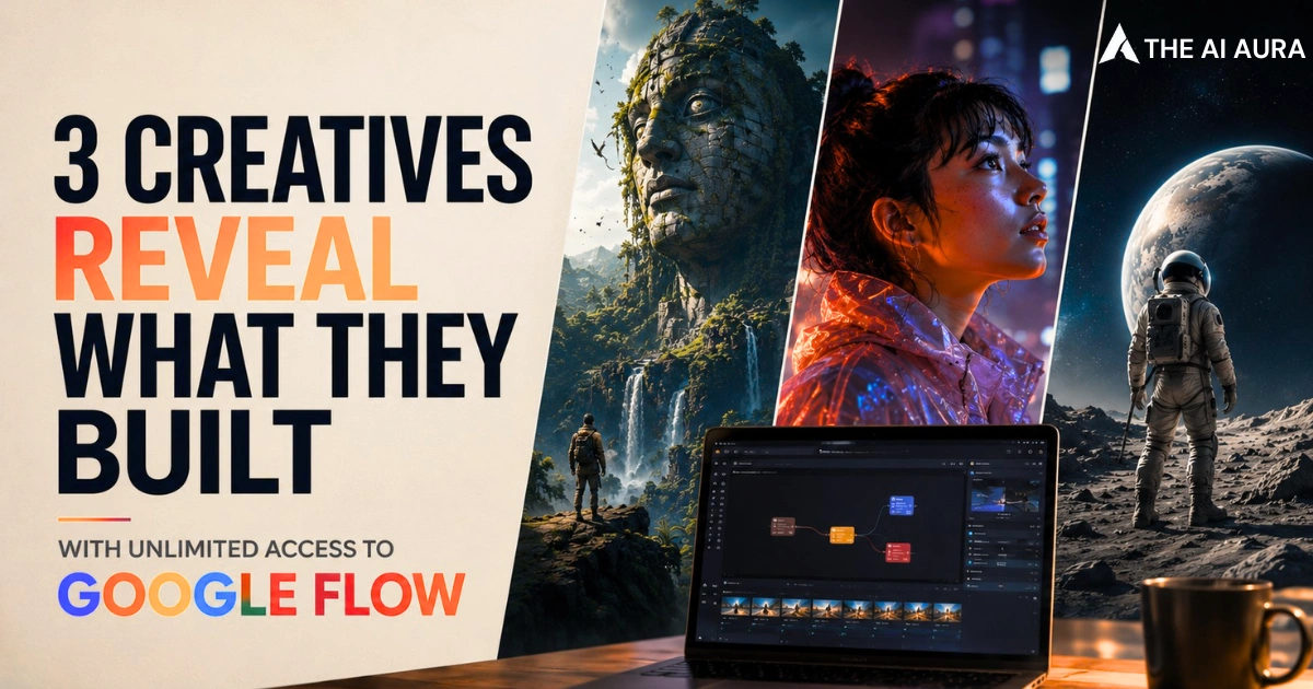 Three creatives showcase AI-generated artwork created with unlimited access to Google Flow.