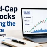 3 Mid-Cap IT stocks winning the AI race ahead of Infosys, with a rising stock chart for LTIMindtree, Mphasis, and Coforge displayed on a laptop.