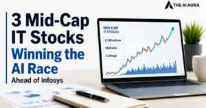 3 Mid-Cap IT stocks winning the AI race ahead of Infosys, with a rising stock chart for LTIMindtree, Mphasis, and Coforge displayed on a laptop.